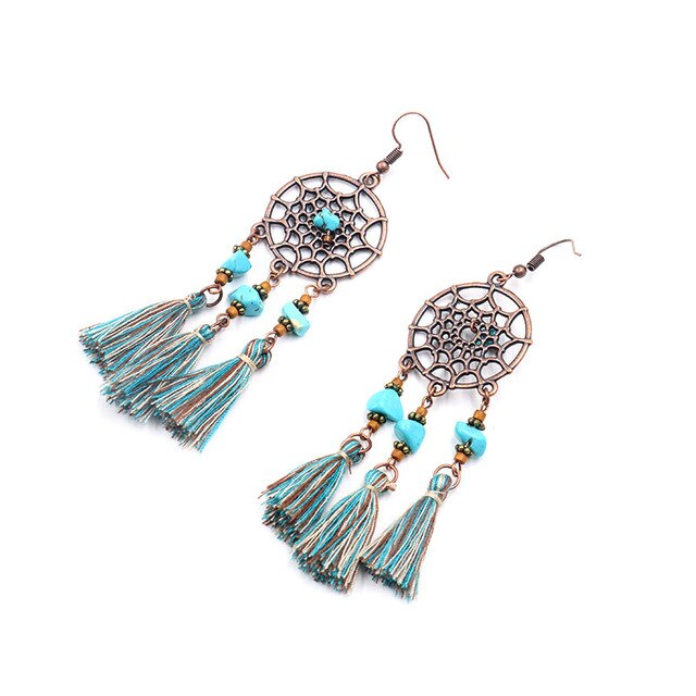Women Fashionable Temperament Earrings Geometric Hollow Circular Dream Catcher Earrings Colorful Long Fringe Earrings Jewelry