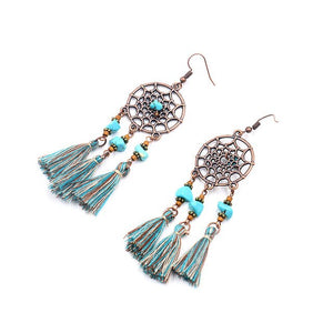 Women Fashionable Temperament Earrings Geometric Hollow Circular Dream Catcher Earrings Colorful Long Fringe Earrings Jewelry