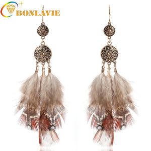 Ethnic Brown Long Feather Dream Catcher Earring Feather Indian Jewelry Boho Style Dangle Earring For Women Accessory