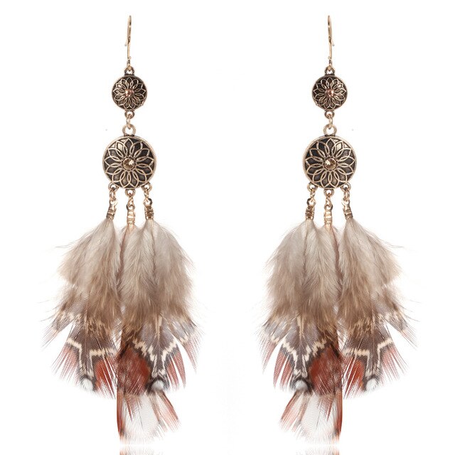 Ethnic Brown Long Feather Dream Catcher Earring Feather Indian Jewelry Boho Style Dangle Earring For Women Accessory