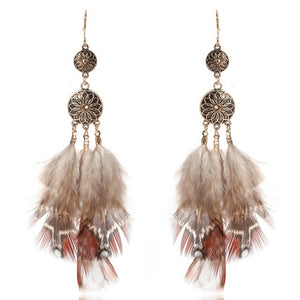 Ethnic Brown Long Feather Dream Catcher Earring Feather Indian Jewelry Boho Style Dangle Earring For Women Accessory