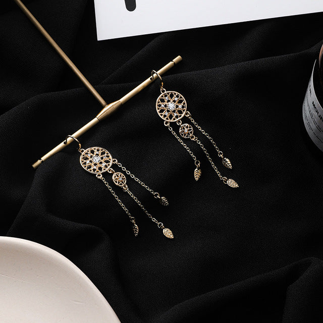 New Simple Cute Girl Sweet Hollow Mesh Circular Tassel Dream Catcher Drop Earrings for Women Girl Fashion Jewelry Accessories