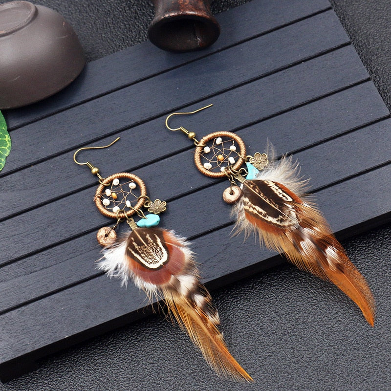 Peixin charm fashion round feather accessories long dream catcher gypsy earrings women earrings jewelry gift