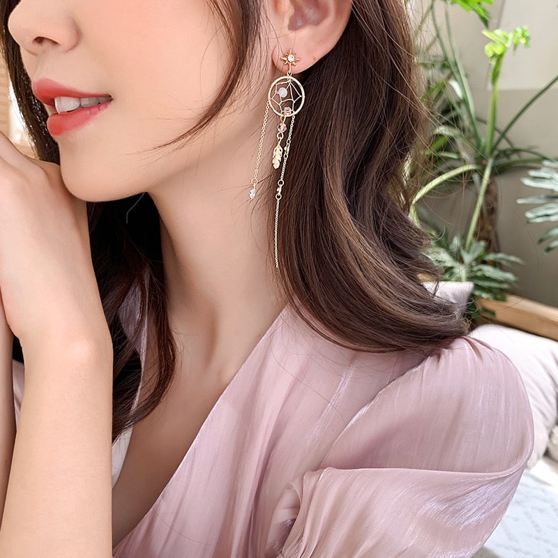 2019 New Korean S925 Silver Pin Crystal Rhinestone Dream Catcher Feather Long Tassel Long Drop Earrings for Women Gifts Jewelry