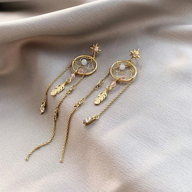 2019 New Korean S925 Silver Pin Crystal Rhinestone Dream Catcher Feather Long Tassel Long Drop Earrings for Women Gifts Jewelry