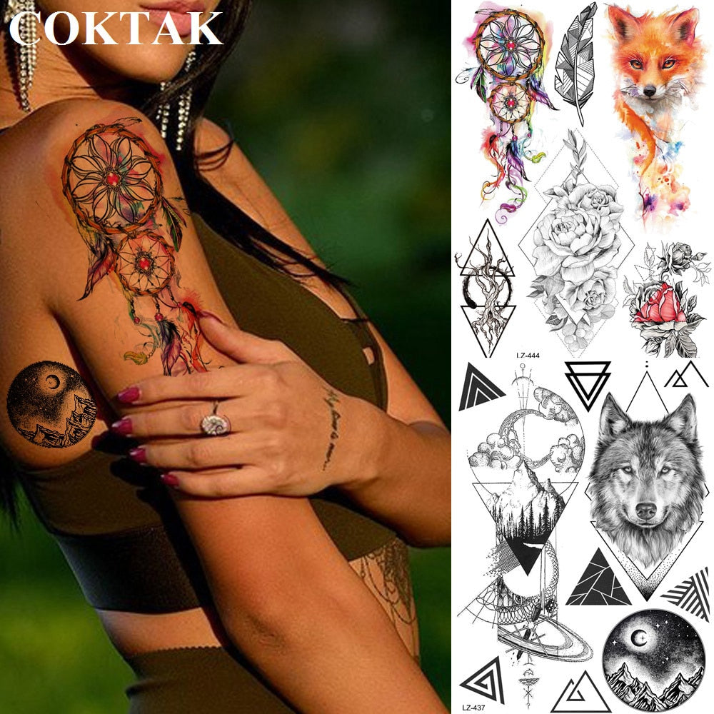 COKTAK 3D Fox Feather Dream Catcher Geometric Rose Temporary Tattoos Sticker Floral Sexy Tatoos Body Art Arm Wrist Tattoo Papers