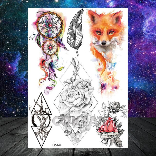 COKTAK 3D Fox Feather Dream Catcher Geometric Rose Temporary Tattoos Sticker Floral Sexy Tatoos Body Art Arm Wrist Tattoo Papers