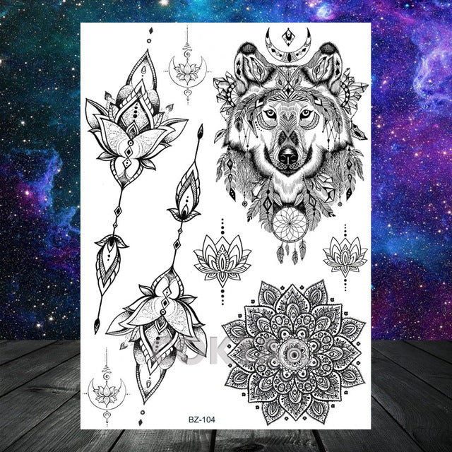 COKTAK 3D Fox Feather Dream Catcher Geometric Rose Temporary Tattoos Sticker Floral Sexy Tatoos Body Art Arm Wrist Tattoo Papers