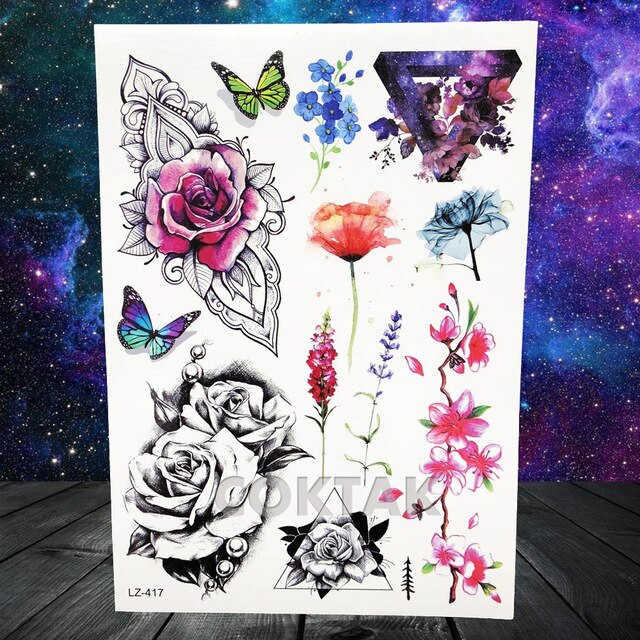 COKTAK 3D Fox Feather Dream Catcher Geometric Rose Temporary Tattoos Sticker Floral Sexy Tatoos Body Art Arm Wrist Tattoo Papers