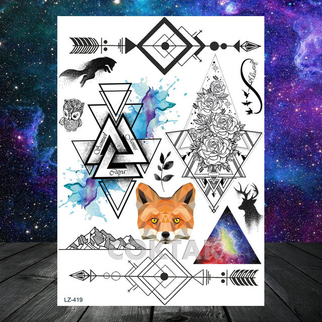 COKTAK 3D Fox Feather Dream Catcher Geometric Rose Temporary Tattoos Sticker Floral Sexy Tatoos Body Art Arm Wrist Tattoo Papers