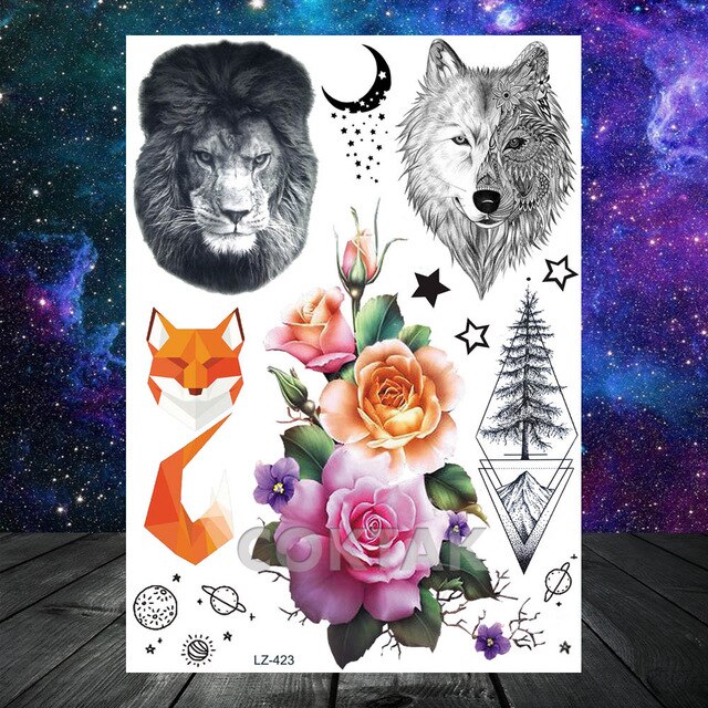 COKTAK 3D Fox Feather Dream Catcher Geometric Rose Temporary Tattoos Sticker Floral Sexy Tatoos Body Art Arm Wrist Tattoo Papers