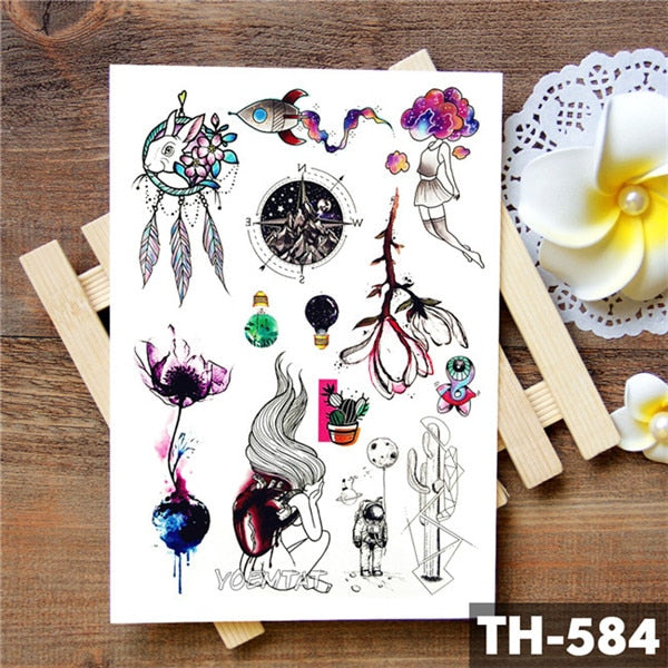 Dream catcher Moon Lotus Flower Temporary Tattoo Sticker Peony Snake Owl Fox Flash Tattoos Small Body Art Waterproof Tatoo