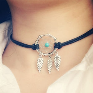 Short Chocker Necklace Handmade Dream Catcher Necklace With Alloy Feather Pendant Best Gift For Her Free Shipping