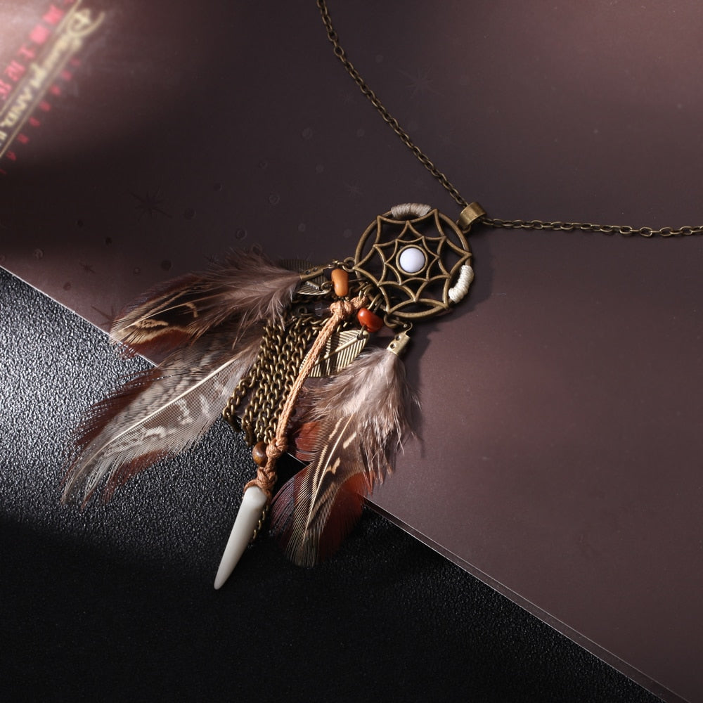 2017 New Bohemian Jewelry Dream Catcher Pendant Necklace Coffee Feath Tassel Charm Statement Necklace