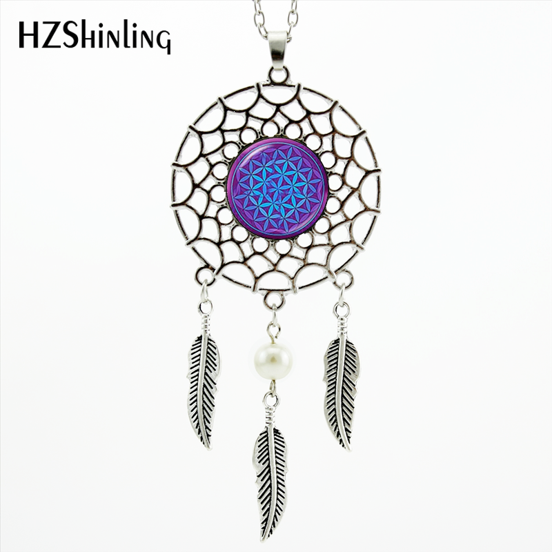 2017 Trendy Style Dreamcatcher Pendant Purple Blue Om Necklace Flower of Life Jewelry Dream Catcher Necklace NDC-0043