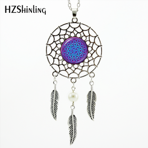 2017 Trendy Style Dreamcatcher Pendant Purple Blue Om Necklace Flower of Life Jewelry Dream Catcher Necklace NDC-0043