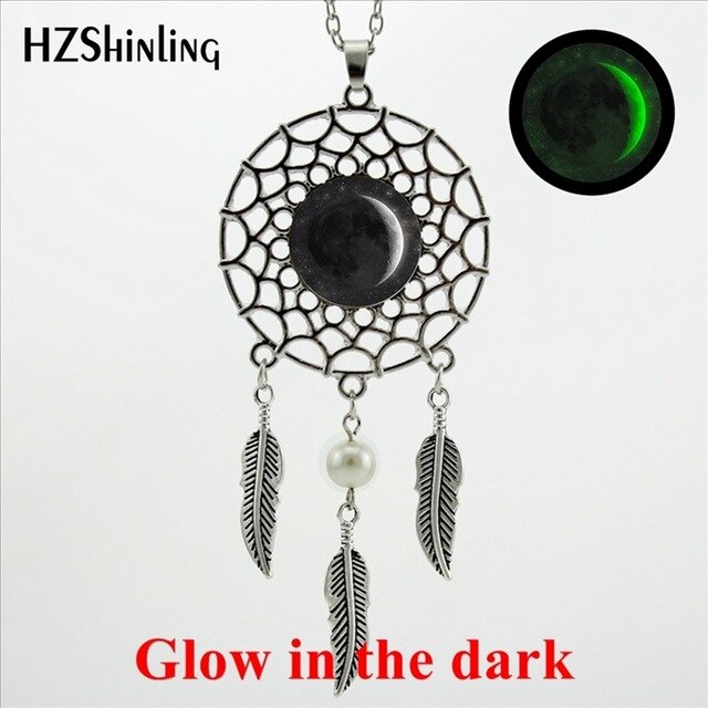 HZShinling New Arrival Wings Full Moon Dream Catcher Necklace Handmade Glass Dome Glow in the dark Lunar Eclipse Jewelry
