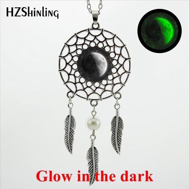 HZShinling New Arrival Wings Full Moon Dream Catcher Necklace Handmade Glass Dome Glow in the dark Lunar Eclipse Jewelry