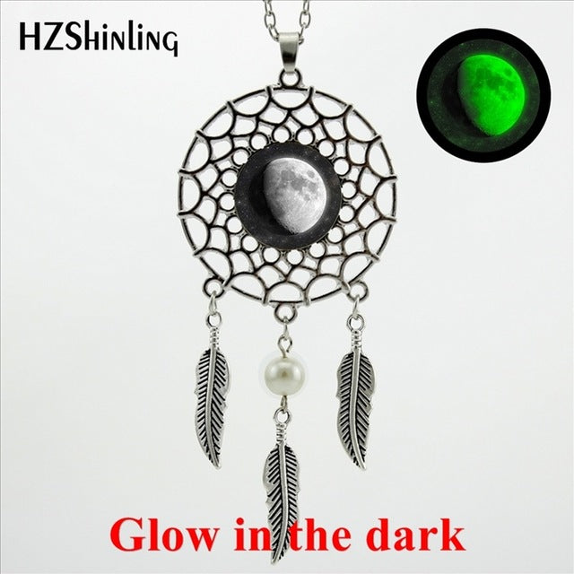 HZShinling New Arrival Wings Full Moon Dream Catcher Necklace Handmade Glass Dome Glow in the dark Lunar Eclipse Jewelry