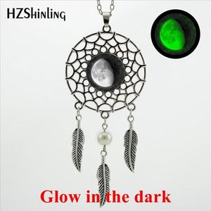 HZShinling New Arrival Wings Full Moon Dream Catcher Necklace Handmade Glass Dome Glow in the dark Lunar Eclipse Jewelry