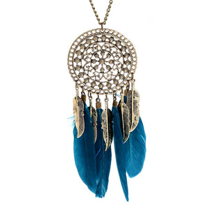 Hot Retro Alloy Blue/Black Necklace Dream Catcher Feather Pendant Necklaces for Women Long Chain Ethnic Jewelry Gift