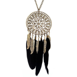 Hot Retro Alloy Blue/Black Necklace Dream Catcher Feather Pendant Necklaces for Women Long Chain Ethnic Jewelry Gift