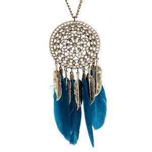 Hot Retro Alloy Blue/Black Necklace Dream Catcher Feather Pendant Necklaces for Women Long Chain Ethnic Jewelry Gift