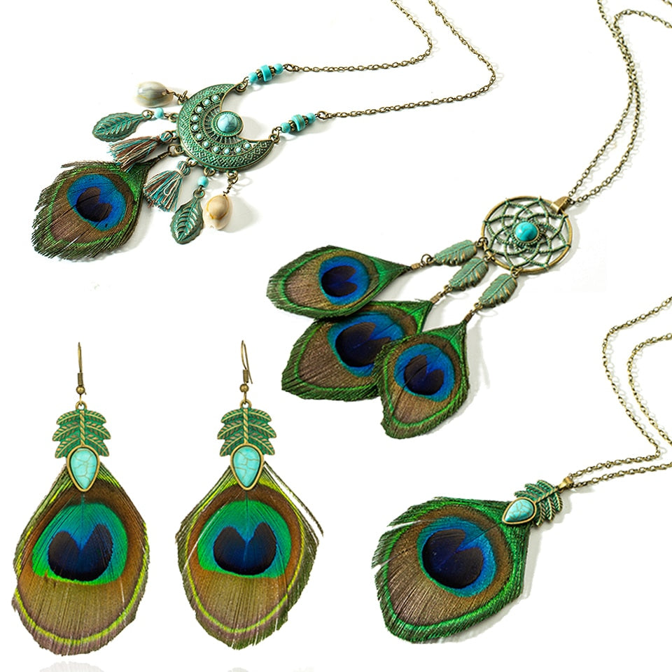 2018 Ethnic Feather Women's necklaces High quality Moon Dream catcher Long tassel Necklaces for women Peacock Feather Necklace