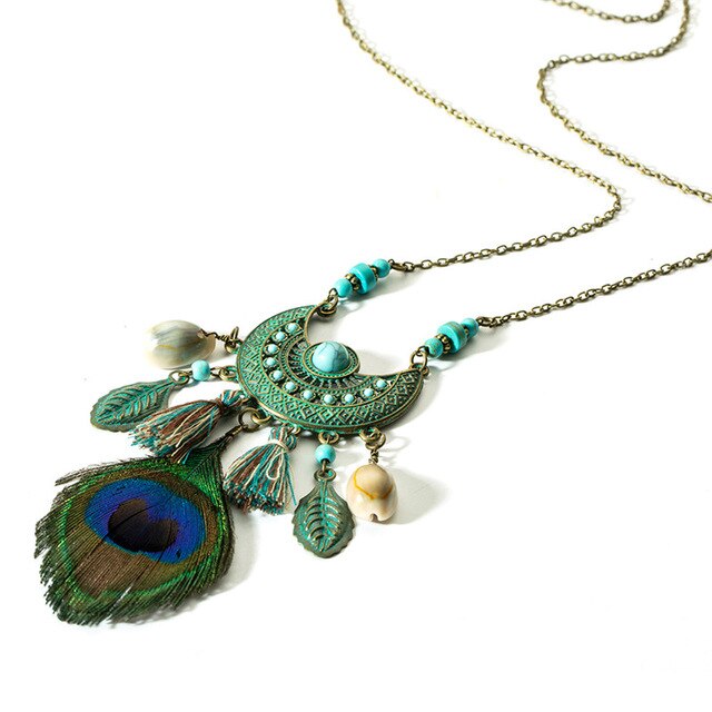 2018 Ethnic Feather Women's necklaces High quality Moon Dream catcher Long tassel Necklaces for women Peacock Feather Necklace