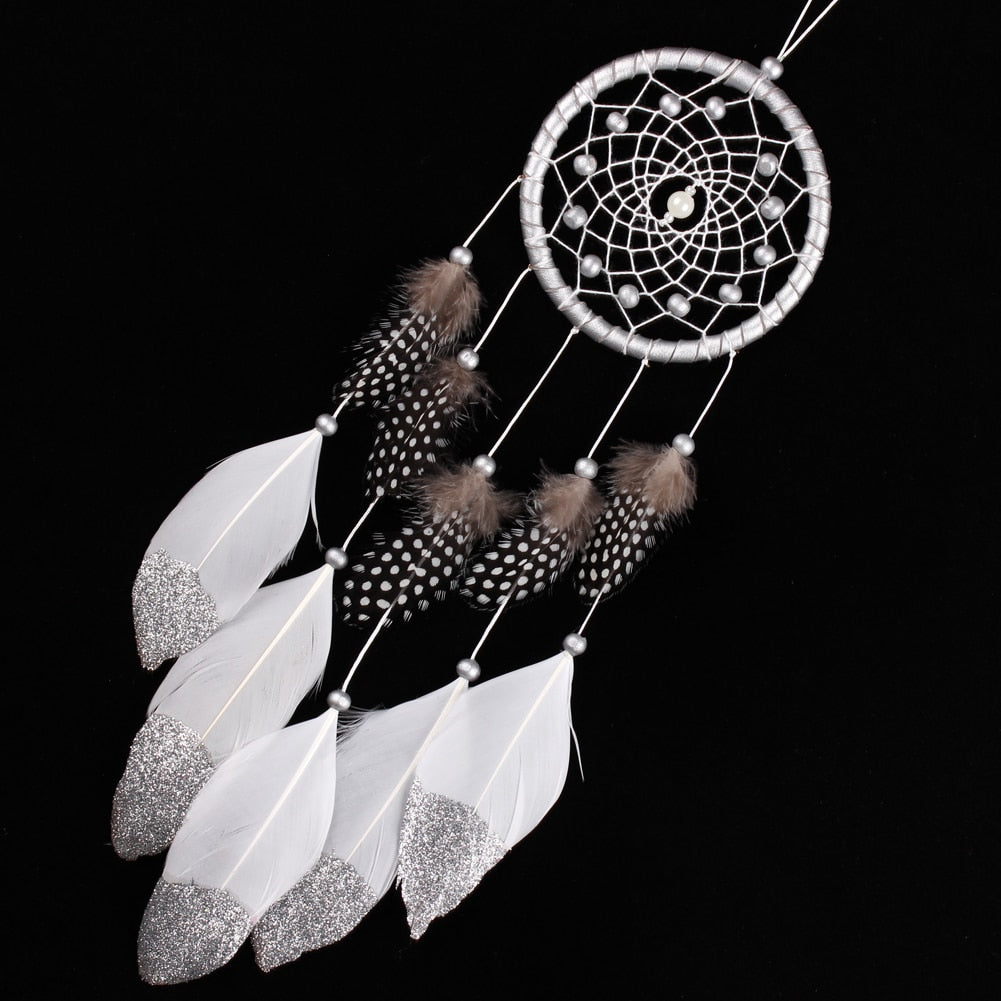 Indian White Dream Catcher Wall Car Hanging Decoration Silver Feather Core Bead Handmade Dreamcatcher